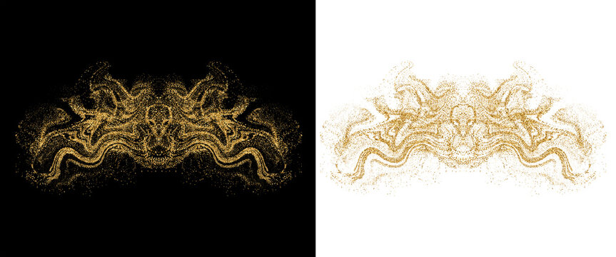 Abstract ornate symmetrical golden sparkling dust pattern isolated on black