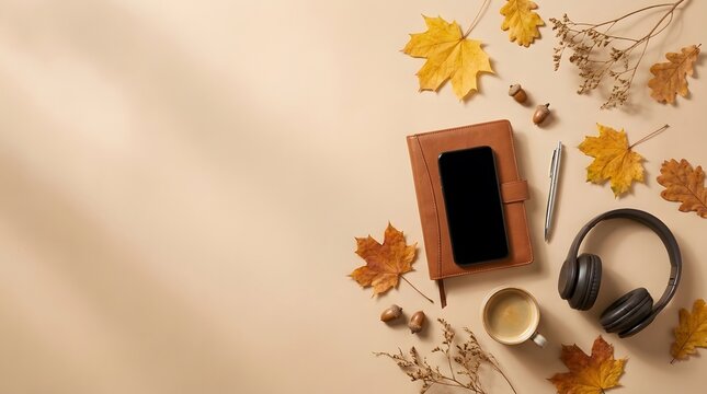 Flat Lay Composition Featuring a Leather Notebook Smartphone and Coffee Surrounded by Golden Autumn Leaves and Fall Foliage Decor