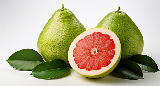 Fresh, green pomelo with bright red flesh, cut in half.