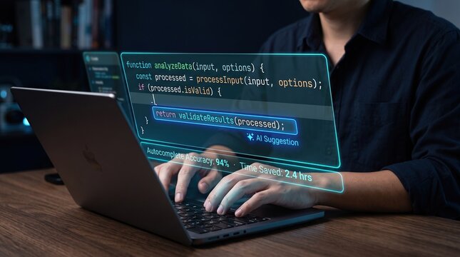 AI pair programming concept with laptop and holographic code assistant comparing original and refactored code, fewer lines and improved software performance