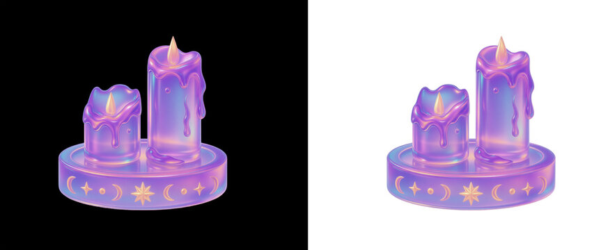3D holographic gradient purple melting candles isolated on transparent background