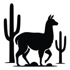 Naklejka premium Llama stands near saguaro and prickly pear cacti a black silhouette