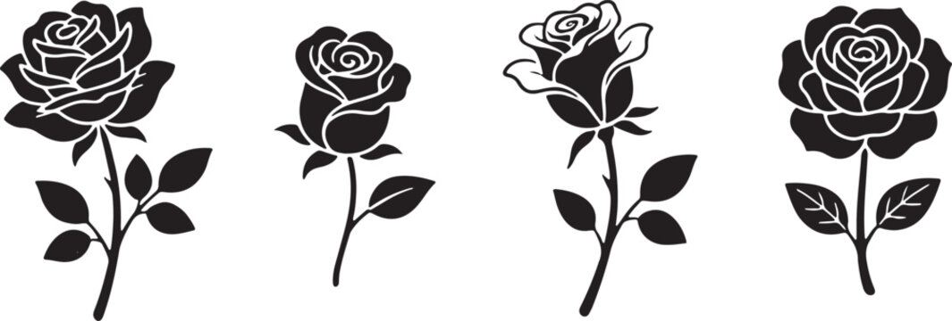 Elegant rose silhouette collection with various flower bud shapes and graceful stems for logo design.