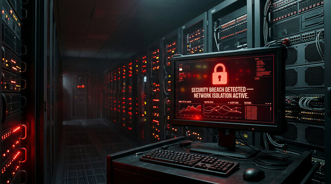 Security breach detected on computer monitor in dark data center server room with red lights indicating cyber attack network isolation critical system failure digital protection vulnerability
