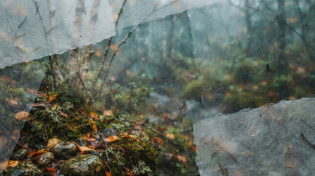 Ethereal autumn forest with moss covered rocks, birch trees and mist behind translucent textured paper. Atmospheric woodland landscape for book cover, interior decor or cinematic artwork.