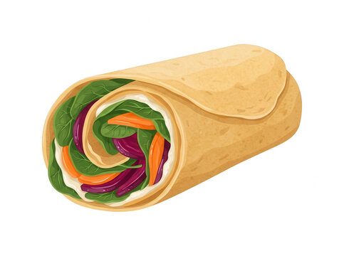 Ilustraci&oacute;n vectorial de un wrap vegetariano saludable relleno de espinacas frescas, zanahoria y col lombarda, aislado sobre fondo blanco.