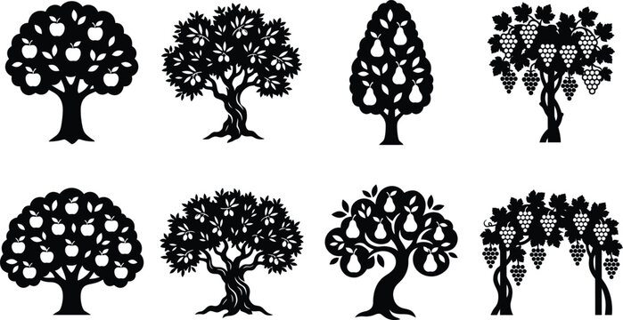 Fruit Tree Vector Silhouette Collection, Apple Grape Pear and Olive Tree