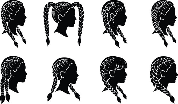 Braided Pigtail Female Head Profile Vector Silhouette Set