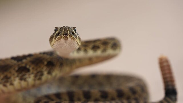 Prairie rattlesnake or Great Plains rattlesnake (Crotalus viridis) in defensive strike position, a venomous pit viper species native to the western United States, southwestern Canada, and Mexico