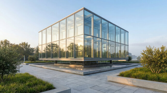 Modern glass cube building architecture surrounded by a reflective water pool and manicured landscape at sunrise