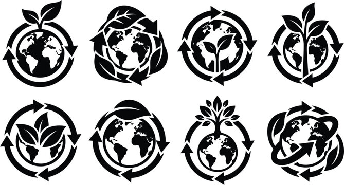 Earth Globe with Growing Plant and Recycling Arrows Silhouette Set