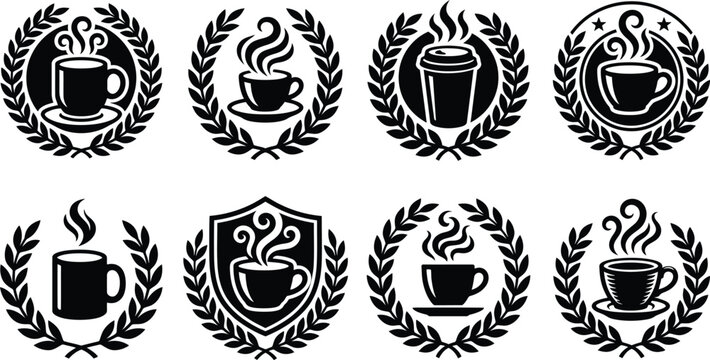 Coffee Emblem Vector Silhouette Set, Steaming Coffee Cup with Laurel Wreath