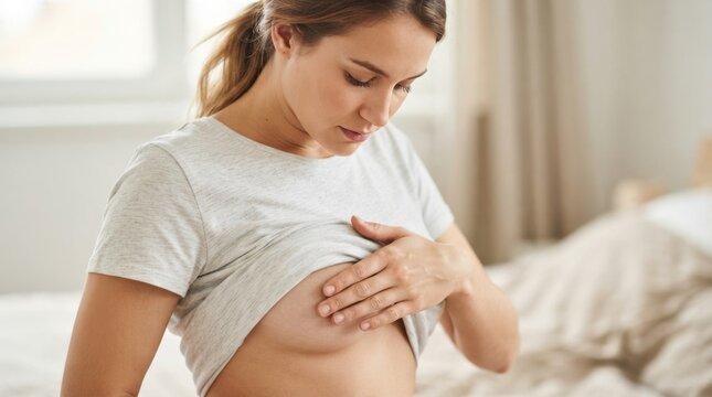 Woman doing breast self examination at home. Checking breast health and early detection of cancer. Preventive healthcare and awareness concept