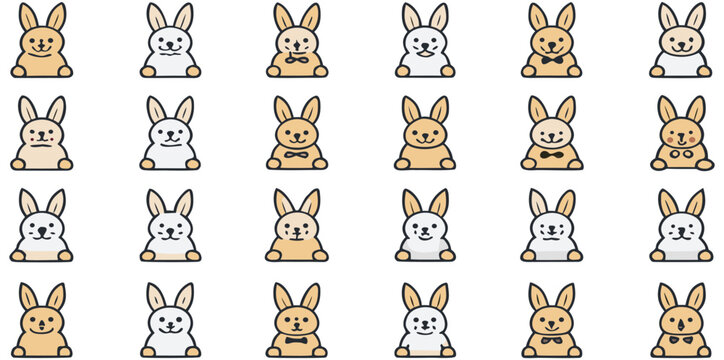 A grid-based collection of twenty-five individual, minimalist rabbit icons, arranged in a 5x5 layout on a clean white background. Each rabbit is depicted in a flat, cartoonish vector art style with bo