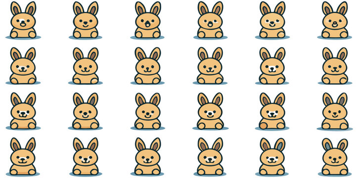 A grid-based collection of twenty-five individual, minimalist rabbit icons, arranged in a 5x5 layout on a clean white background. Each rabbit is depicted in a flat, cartoonish vector art style with bo