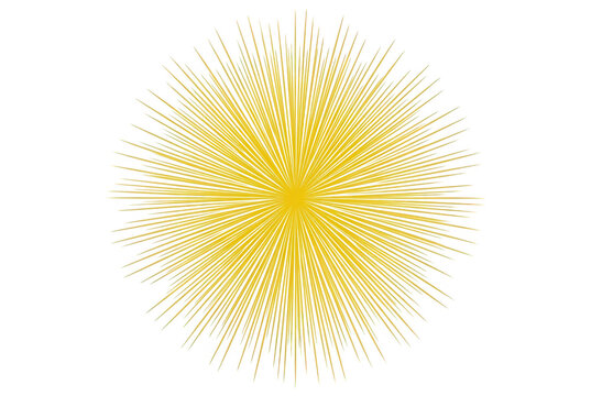 Elemento gr&aacute;fico de un destello solar abstracto amarillo con finos rayos radiales brillantes sobre fondo blanco.