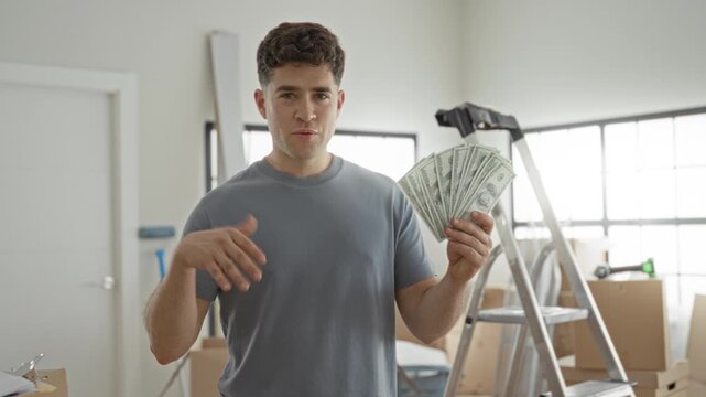 Man holding fanned dollars, gesturing with bare hand in building with ladder and moving boxes; confidence prosperity.