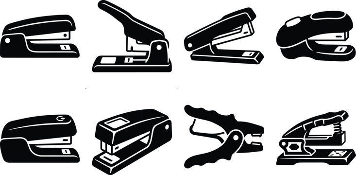Stapler Vector Silhouette Set, Office Paper Fastener Desk Supply Icons