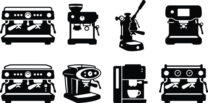 Espresso Machine Vector Silhouette Set, Coffee Maker and Barista Appliance Icons