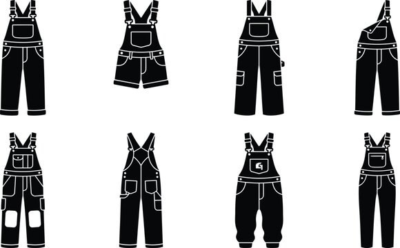 Overalls Vector Silhouette Set, Denim Dungarees and Workwear Clothing