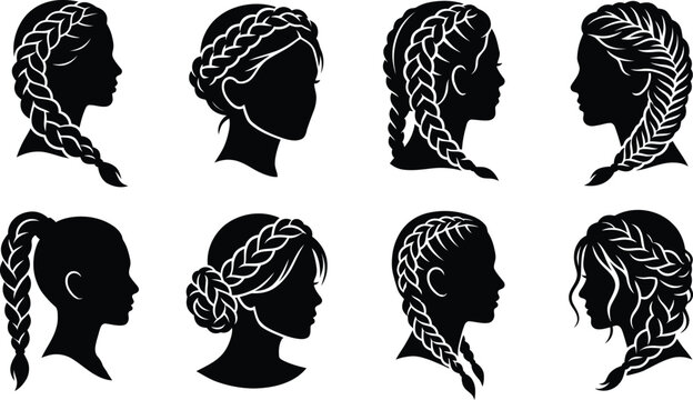 Braided Hairstyle Vector Silhouette Set, Female Braid Hair Salon Icons