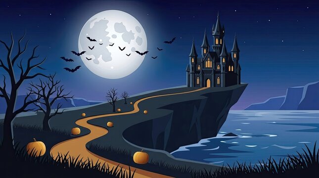 Haunted castle with full moon and flying bats at night spooky scene