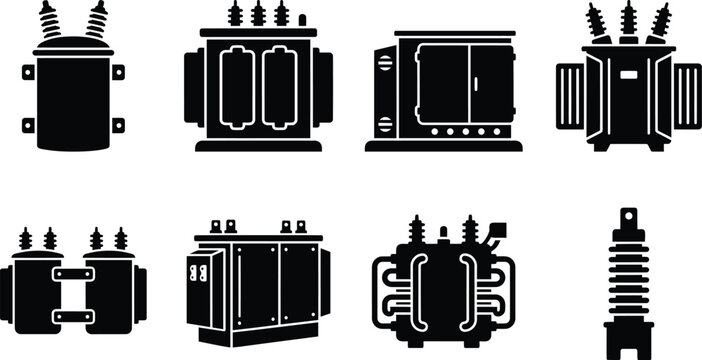 Electrical Transformer Vector Silhouette Set, Substation Power Grid and Distribution Equipment Icons