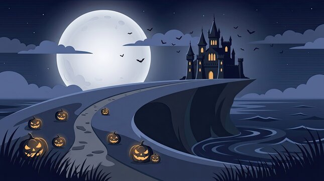 Gothic castle at night with full moon and bats flying over dark mountains