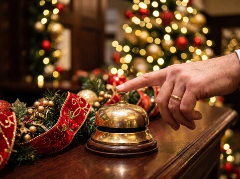 Close up hand pressing brass hotel bell with warm Christmas tree background bokeh