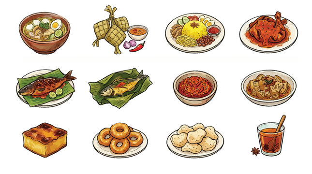 A vibrant collection of traditional Indonesian dishes and snacks, showcasing a diverse culinary heritage.