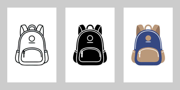 Backpack Vector Illustration Set in Outline, Black Silhouette and Colorful Styles,