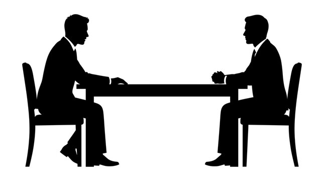 Silhouette of two businessmen sitting opposite each other at a table.