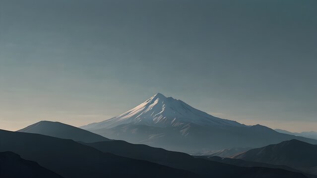 Minimalist landscape of a snow capped mountain peak at dawn with moody atmospheric light.