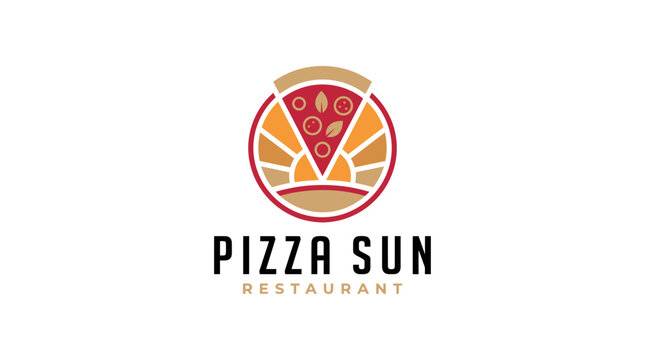 Pizza Sun Restaurant logo design featuring a creative pizza slice sun symbol.