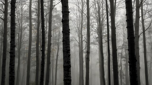Tall slender tree trunks in misty black and white minimalist forest scene for design