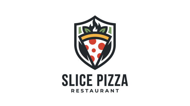 Pizza slice logo design inside a protective shield emblem.