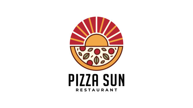 Pizza Sun Restaurant Logo Design with Minimalist Illustration.