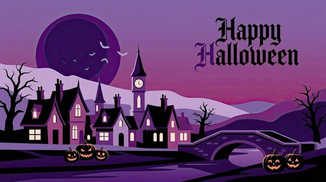 Happy halloween night with haunted house, full moon, clock tower and flying bats