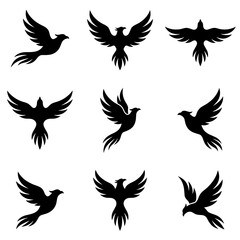 Fototapeta premium Flying phoenix bird vector set with elegant wings and long tails, featuring black silhouette mythical creatures for tribal tattoo or logo art.