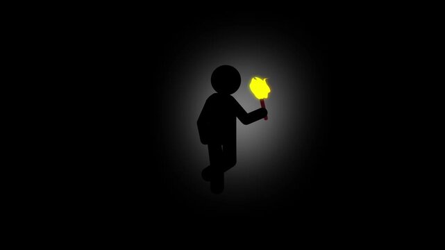 Pictogram Man walking with glowing torch in dark icon animation, finding solution exploration concept animation.