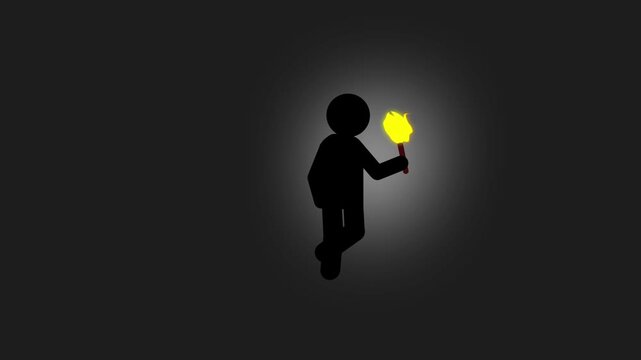 Pictogram Man walking with glowing torch in dark icon animation, finding solution exploration concept animation.