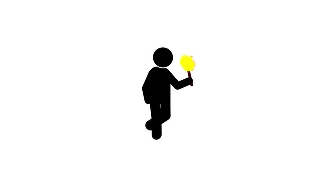 Man holding yellow torch icon animation, stick figure guidance exploration motion graphic