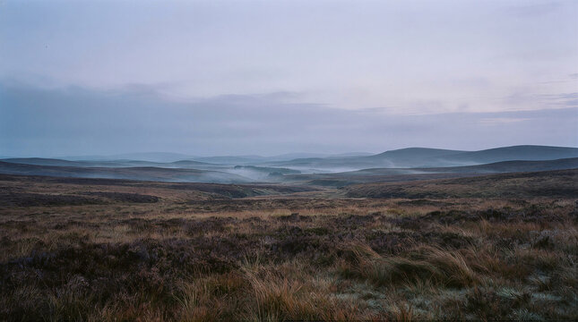 Misty autumn heathland stretching across rolling hills. Moody wilderness landscape with layered hills, windswept grass and atmospheric fog for travel, book cover or cinematic background.