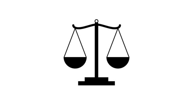 Justice scale balance icon animation, legal court law judgment icon animation on white background.