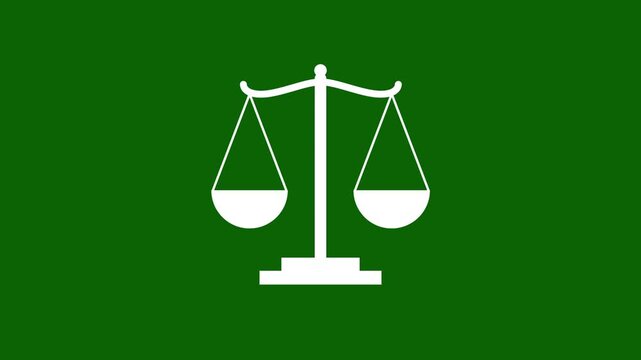 Justice scale balance icon animation, legal court law judgment icon animation on white background.