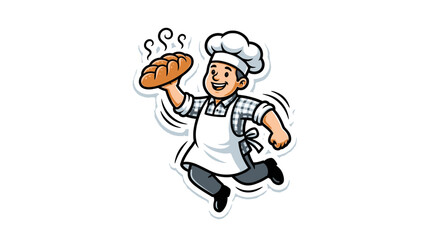 Obraz premium Cheerful baker jumping with fresh baguette loaf.