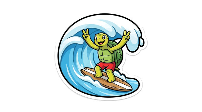 Cartoon turtle surfing on ocean wave sticker