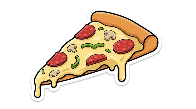 Cheesy pizza slice sticker with pepperoni and mushrooms.