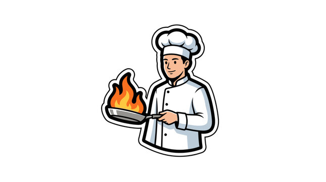 Chef character holding flaming frying pan