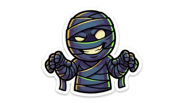 Cartoon mummy character grinning with arms up.